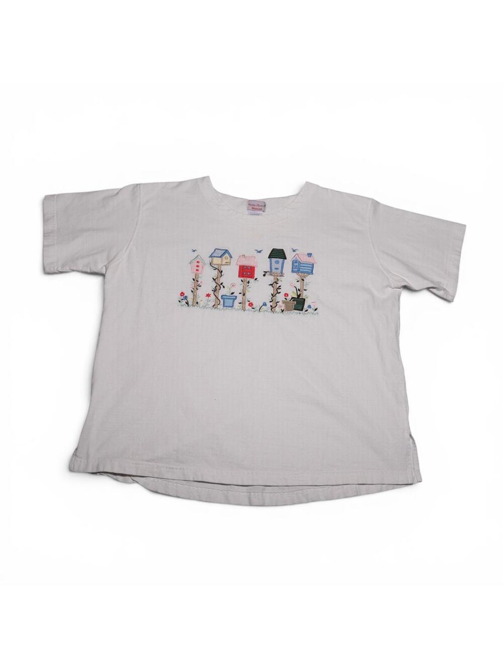 Vintage Bobbie Brooks Cotton T-Shirt with Birdhouse Embroidery